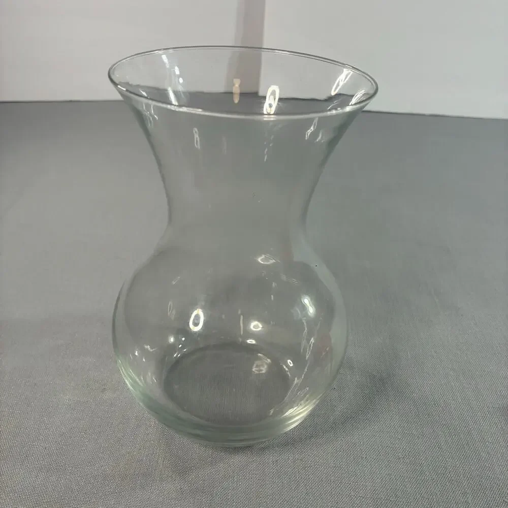 Clear Glass Flower Vase 7 Inch Flared Rim Bulbous Round Base Floral Centerpiece